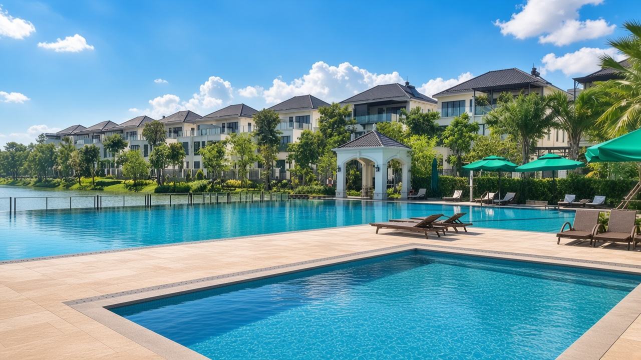 Mặt tiền nhà phố thương mại Lakeview City nhìn từ hồ bơi nội khu