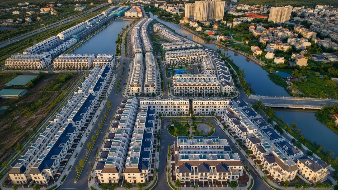 Dãy nhà phố và shophouse Lakeview City nhìn từ trên cao, kênh nước và công viên nội khu